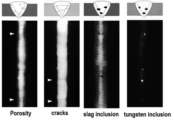 Pruebas de radiografía (rayos X) que muestran porosidad, grietas, inclusión de escoria e inclusión de tungsteno